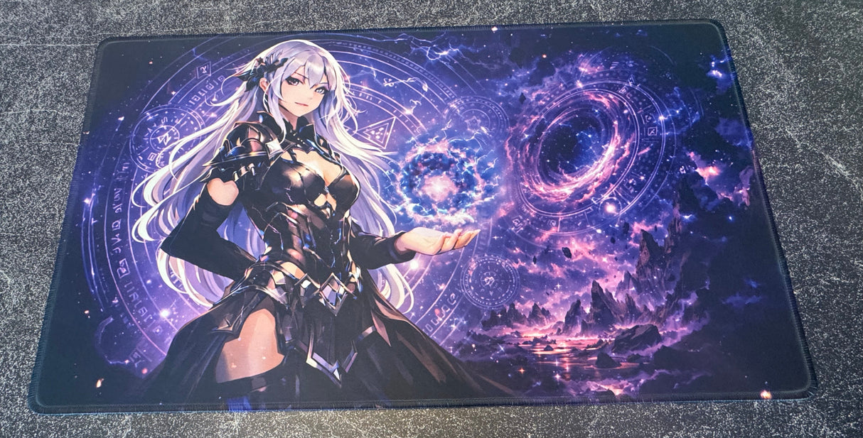 Large mouse pad with an anime character and cosmic design.