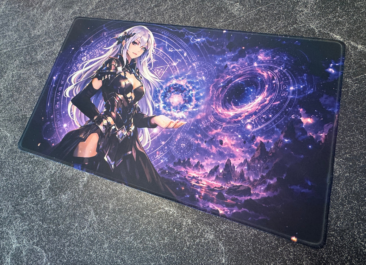 Gaming mouse pad with an anime character and cosmic design