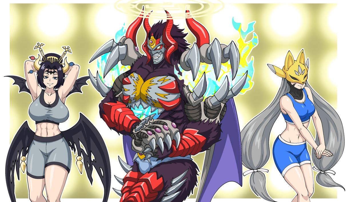 Three animated characters with a central figure in red and black armor, flanked by two other characters.