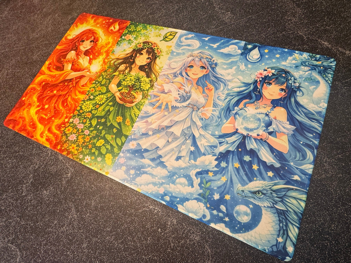Four illustrated characters representing fire, water, earth, and air on a decorative playmat