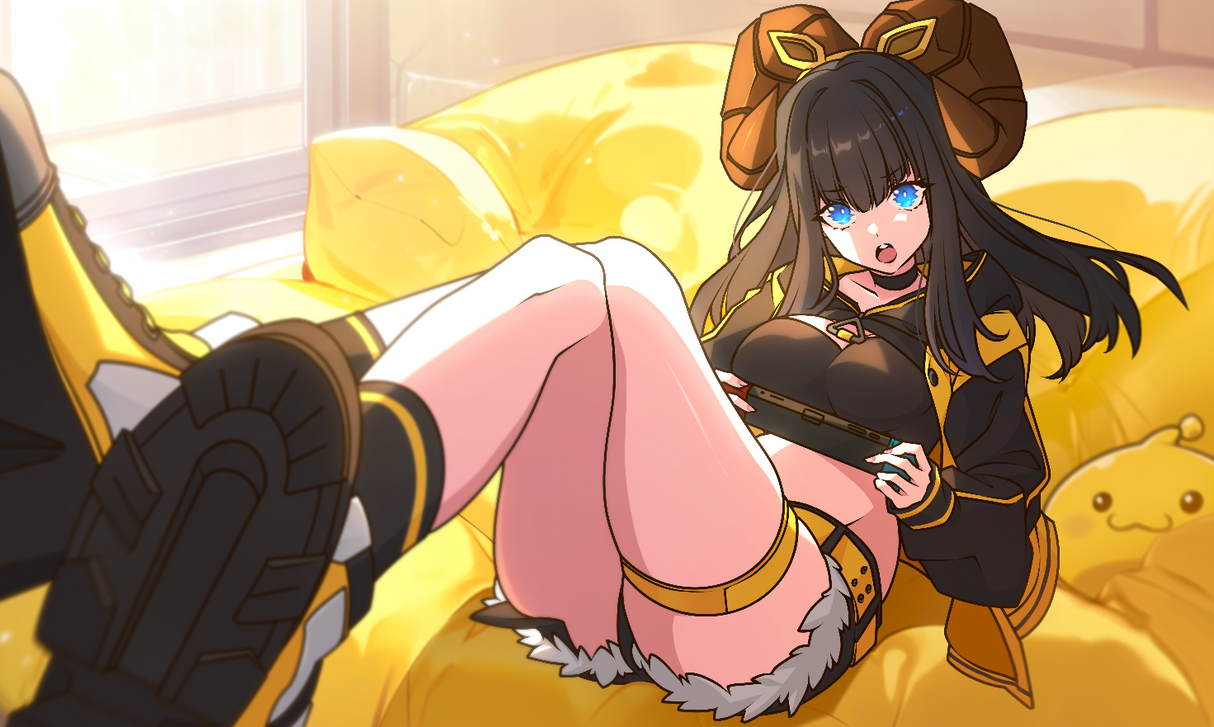 Animated character lounging on a yellow couch with a relaxed posture
