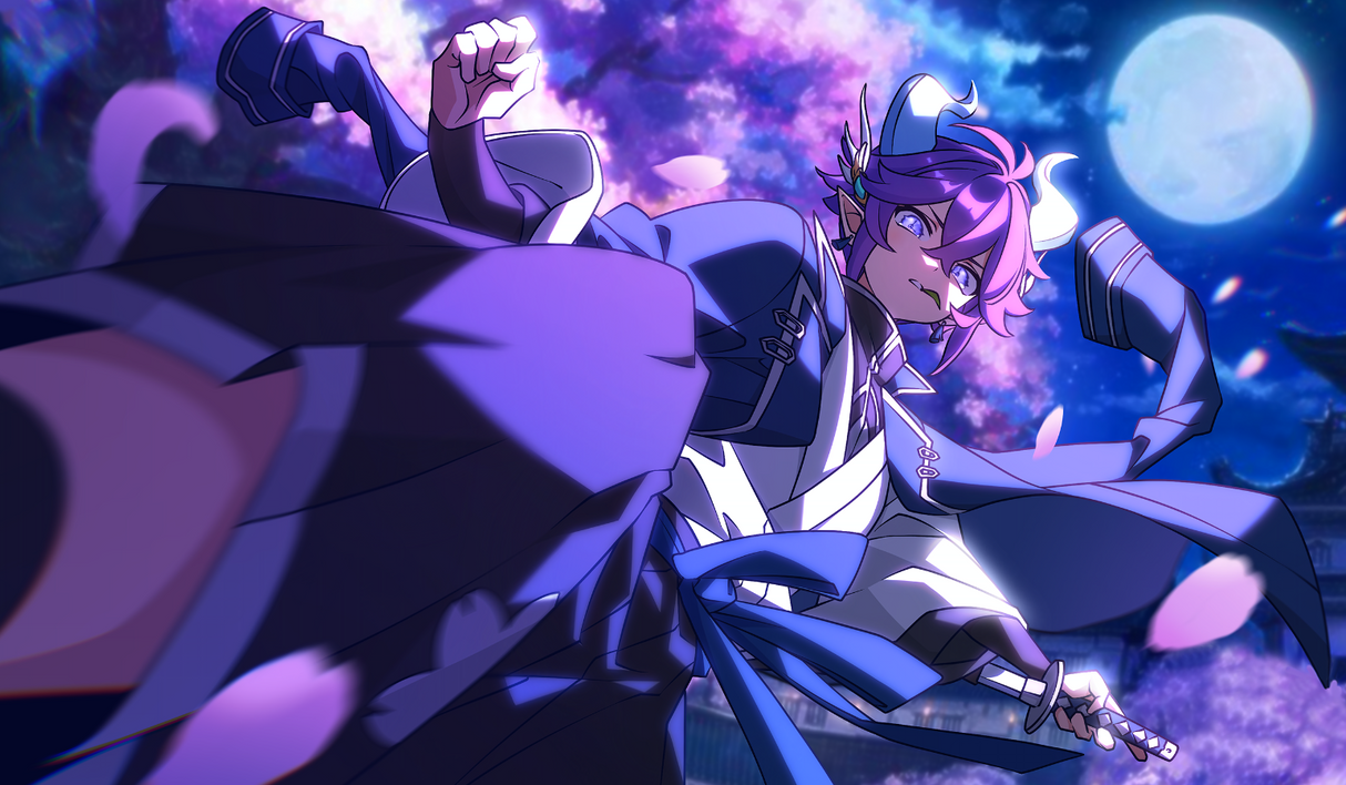 Animated character with purple hair and a sword in a dramatic pose against a mystical background.