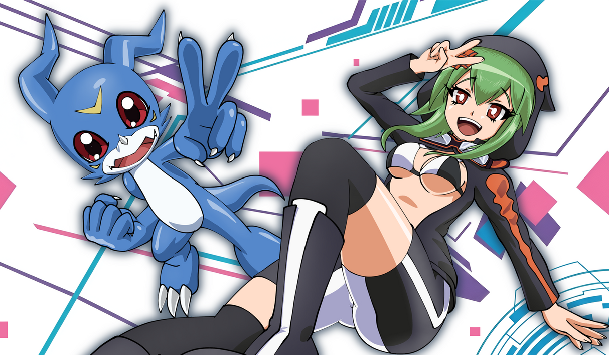Animated character with green hair and a blue creature on a colorful background