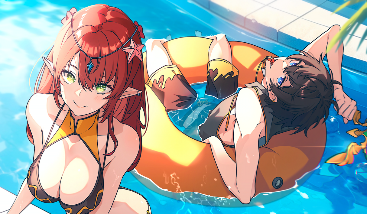 Two animated characters relaxing. One is relaxing in an inflatable tube ring.