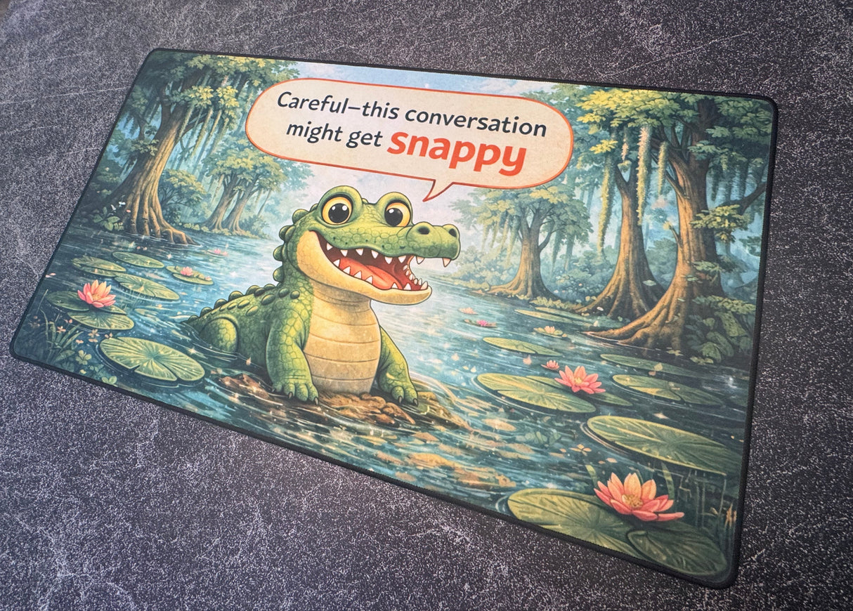 Cartoon alligator and humorous text on a textured surface