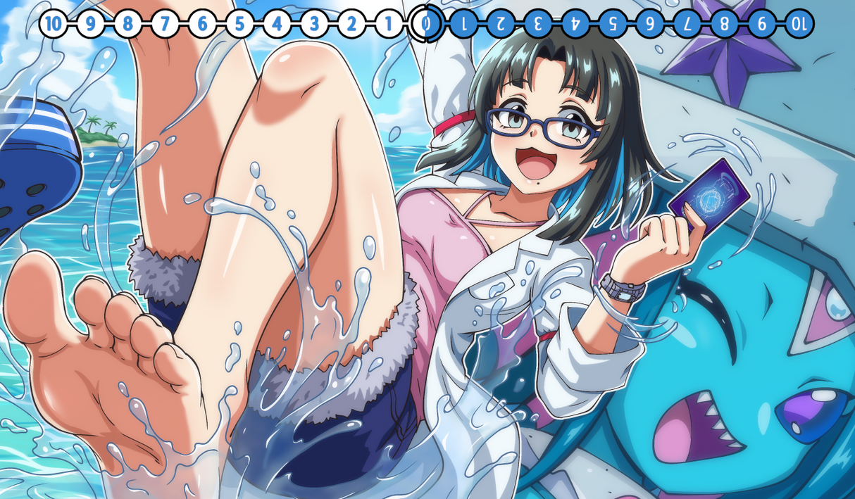 Animated character with glasses holding a phone, surrounded by water and starfish
