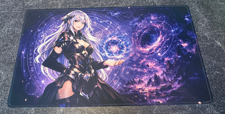 Large mouse pad with an anime character and cosmic design.