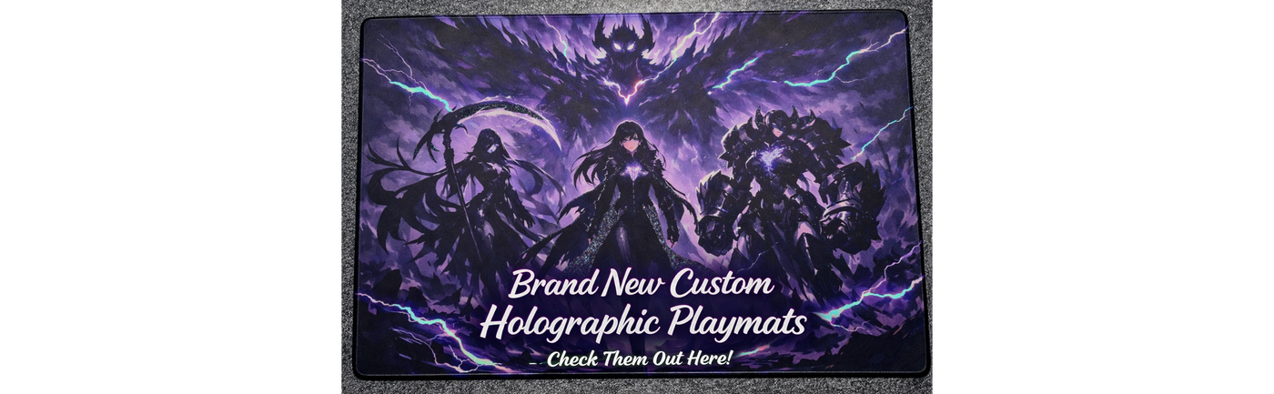 Holographic playmat with characters and promotional text on a purple background