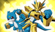 Two animated characters, one blue and one gold, on a yellow background