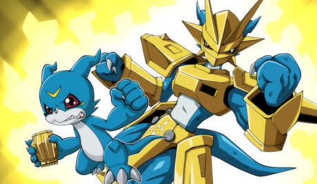 Two animated characters, one blue and one gold, on a yellow background