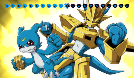 Two animated characters, one blue and one gold, on a yellow background with a number line at the top.