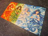 Four illustrated characters representing fire, water, earth, and air on a decorative playmat