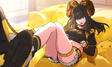 Animated character lounging on a yellow couch with a relaxed posture