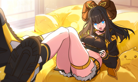 Animated character lounging on a yellow couch with a relaxed posture