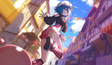 Animated character with blue hair and a pink outfit in an outdoor setting with colorful flags.