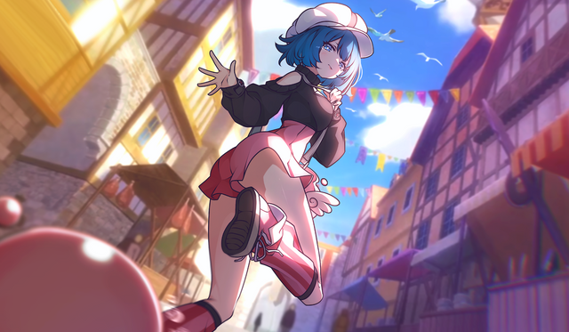 Animated character with blue hair and a pink outfit in an outdoor setting with colorful flags.