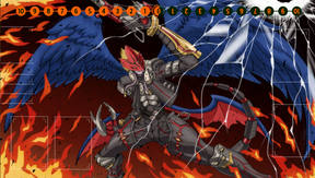 Animated character with wings and armor amidst flames and lightning