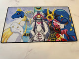 Colorful illustration of a character with various creatures on a mat