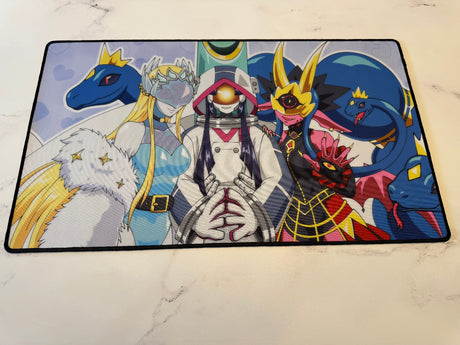 Colorful illustration of a character with various creatures on a mat