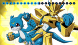 Two animated characters, one blue and one gold, on a yellow background with a rating scale at the top.