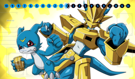 Two animated characters, one blue and one gold, on a yellow background with a rating scale at the top.