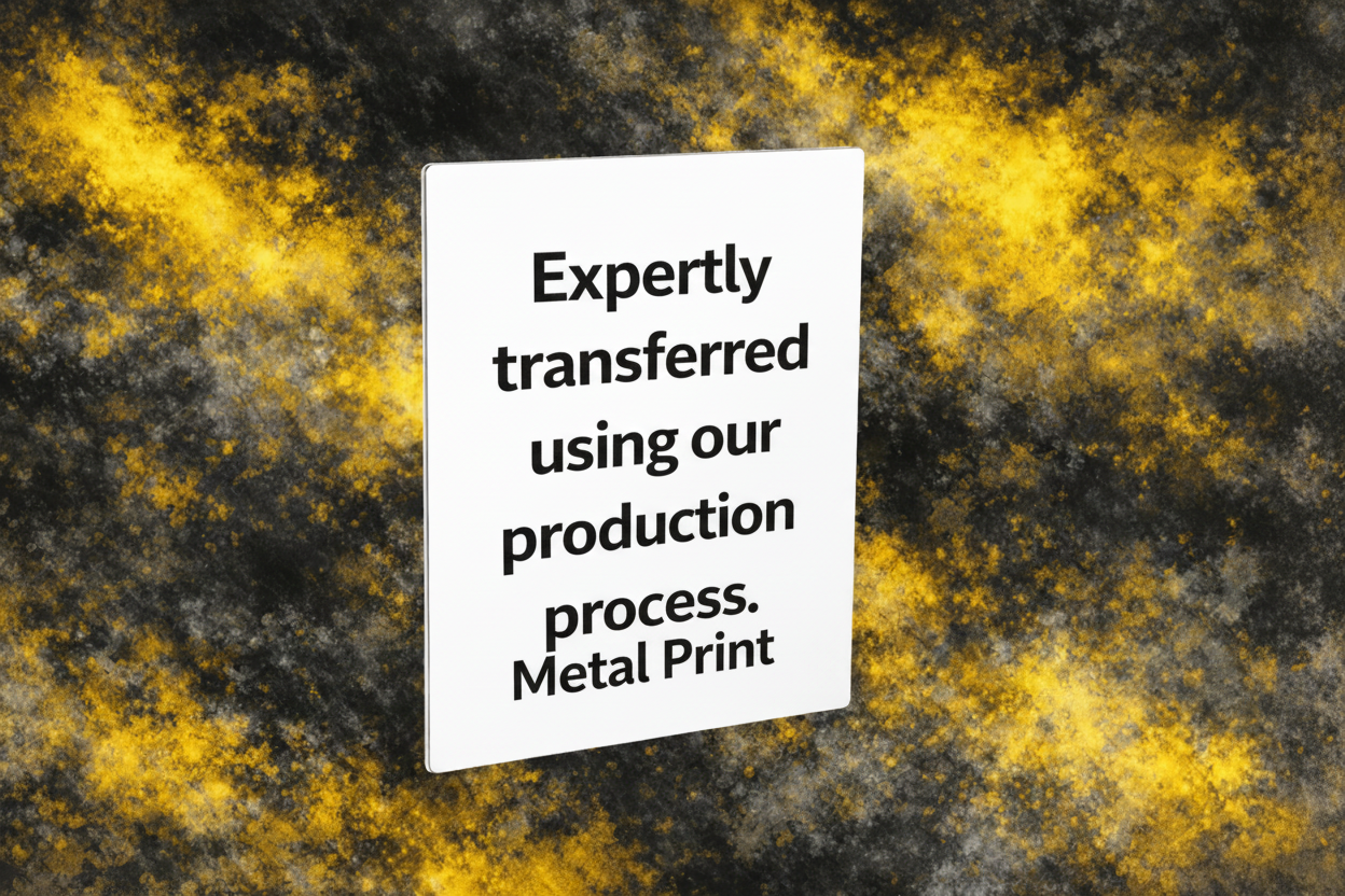 White sign with black text on a textured black and yellow background