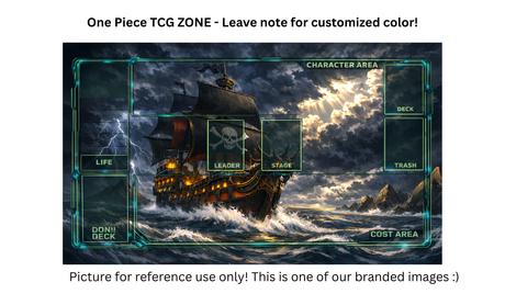 Gameboard layout with ship design, labeled areas for game components, on a stormy sea background.