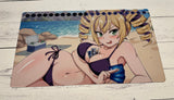 Anime-style character in a bikini on a beach with a scenic background