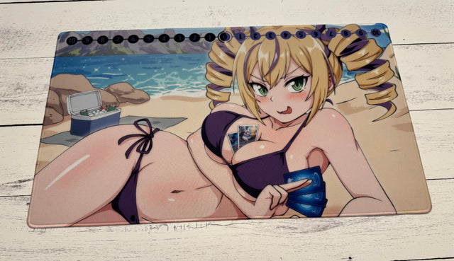 Anime-style character in a bikini on a beach with a scenic background
