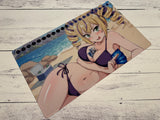 Anime-style character on a beach with a knife, lying on a wooden surface