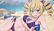 Animated character in a purple bikini on a beach with mountains and ocean in the background