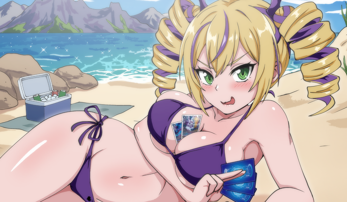 Animated character in a purple bikini on a beach with mountains and ocean in the background