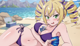 Animated character in a purple bikini on a beach with mountains and ocean in the background