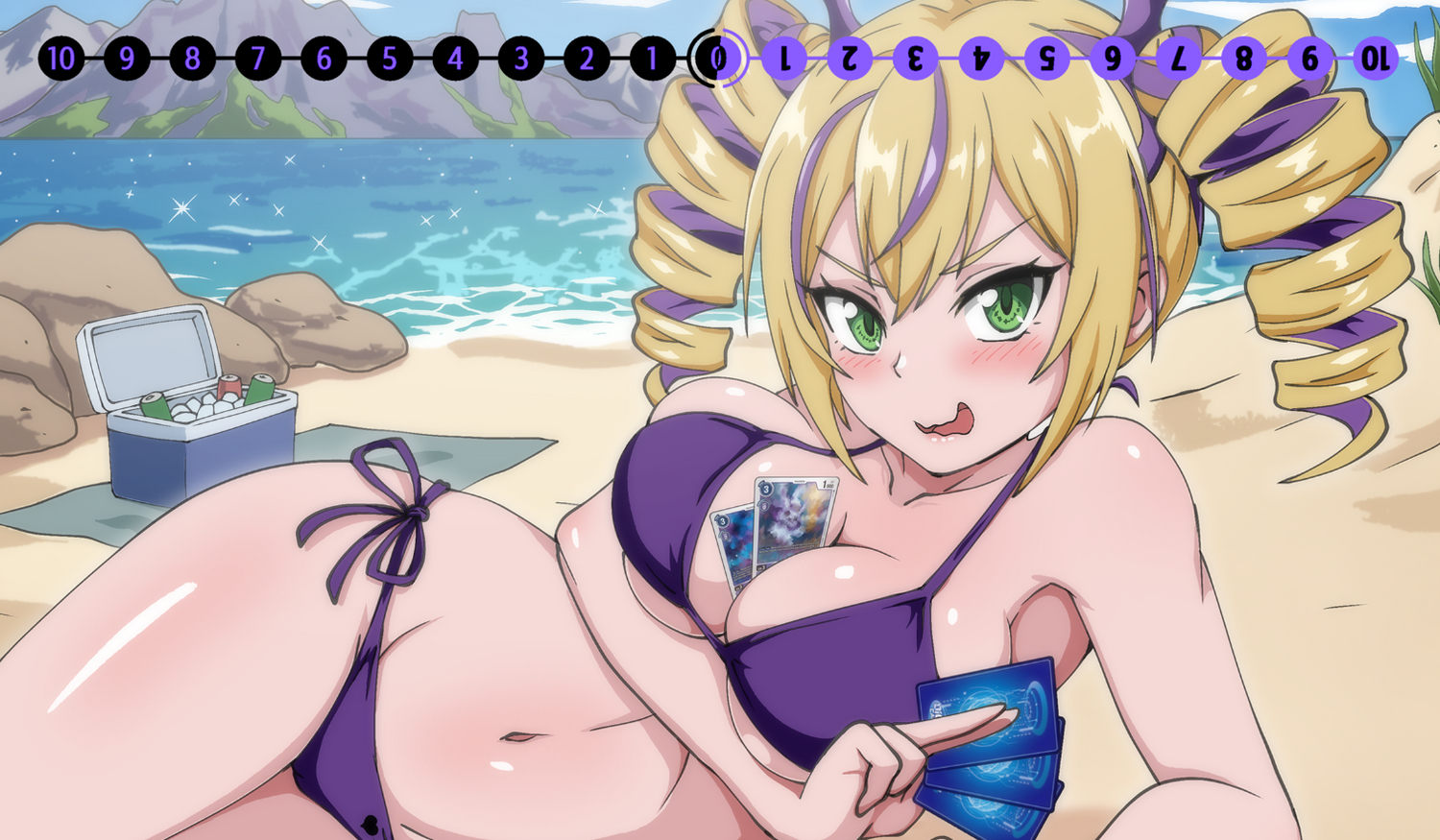 Animated character in a swimsuit on a beach with ocean and mountains in the background