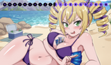 Animated character in a swimsuit on a beach with ocean and mountains in the background