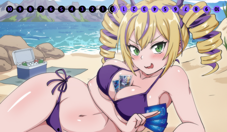 Animated character in a swimsuit on a beach with ocean and mountains in the background