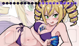 Animated character in a bikini with blue trading cards.