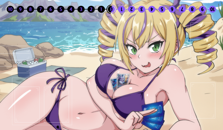 Animated character in a bikini on a beach with mountains and ocean in the background