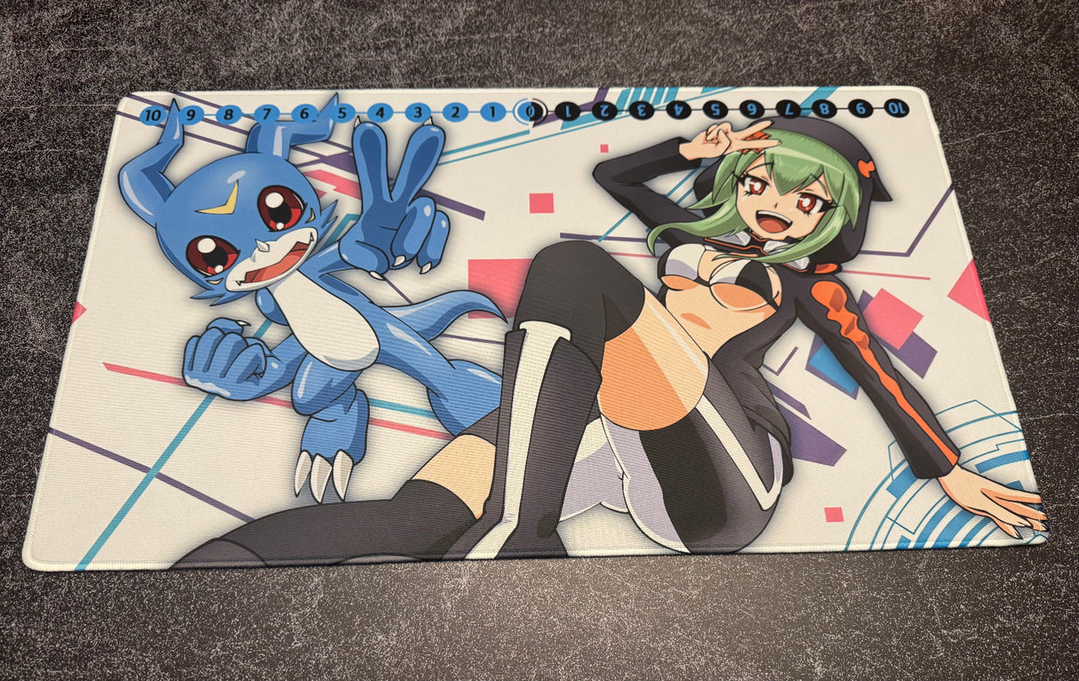 Anime-style character and blue monster