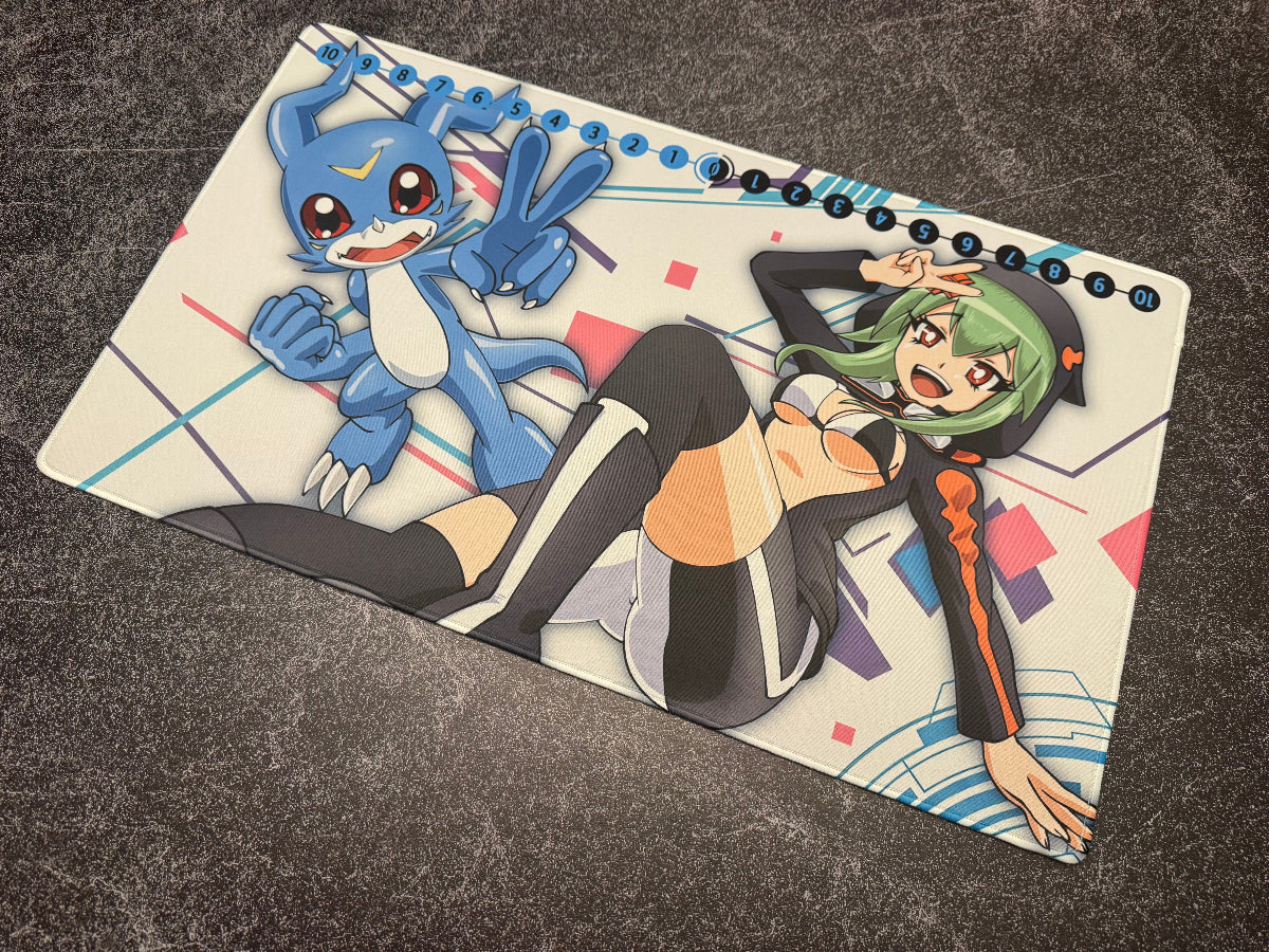 Anime-style character and blue monster