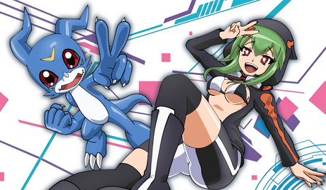 Animated character with green hair and a blue creature on a colorful background