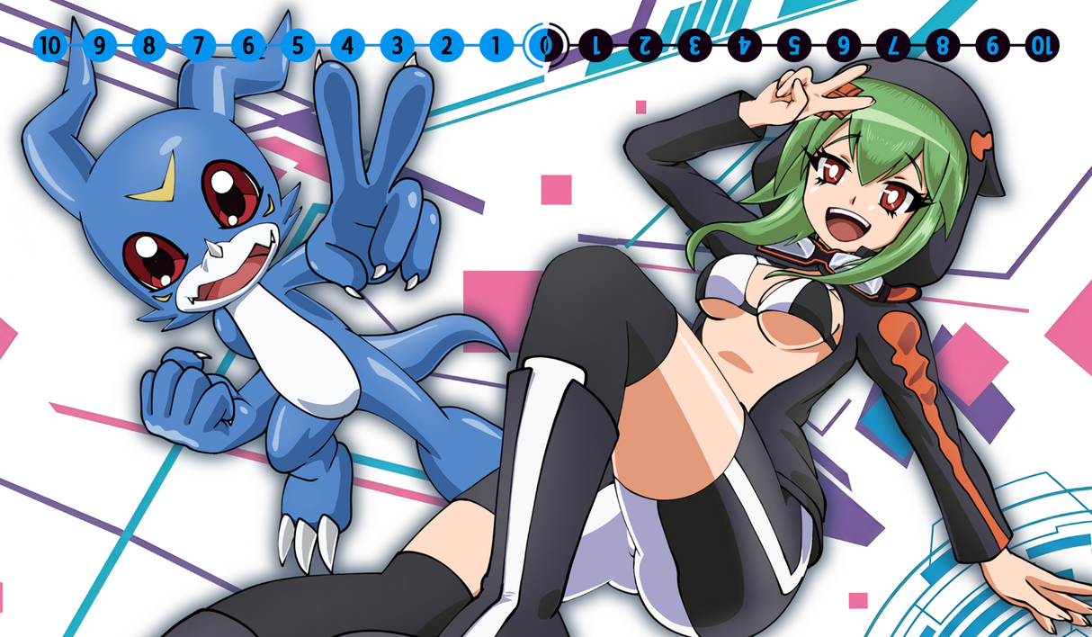 Animated character with green hair and a blue creature on a colorful background