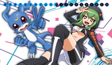 Animated character with green hair and a blue creature on a colorful background