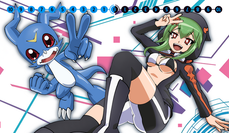 Animated character with green hair and a blue creature on a colorful background