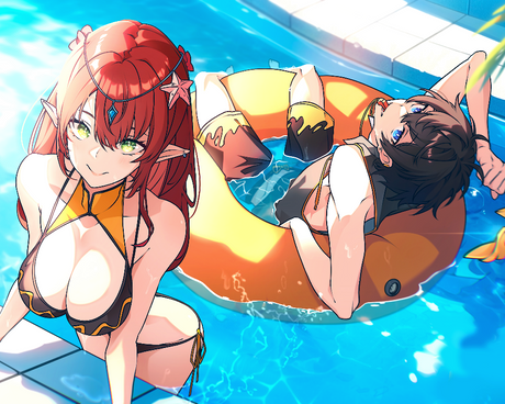 Two animated characters in a pool with one on an inflatable raft.