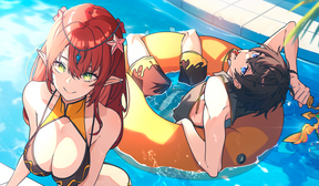 Two animated characters relaxing. One is relaxing in an inflatable tube ring.