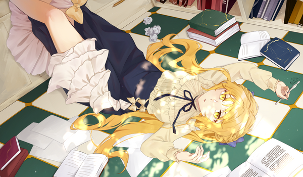 Anime character with blonde hair and a blue dress lying on the floor surrounded by books and papers.