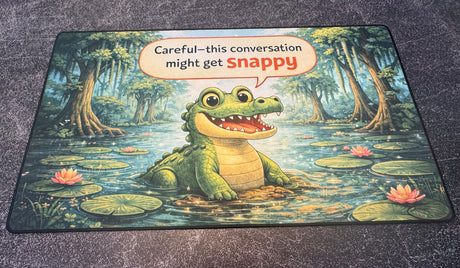 Cartoon alligator and humorous text on a textured surface