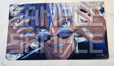 An anime-themed rectangular desk mat featuring a close-up illustration of a character with blue hair, blue eyes, and sunglasses, shown on a white marble surface. A large translucent 'SAMPLE' watermark overlays the product, and a small 'BANDAI TOY' logo appears in the bottom right corner.