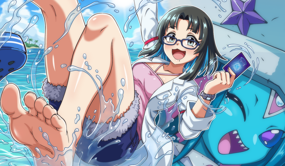 Animated character with glasses and a phone, surrounded by water and starfish